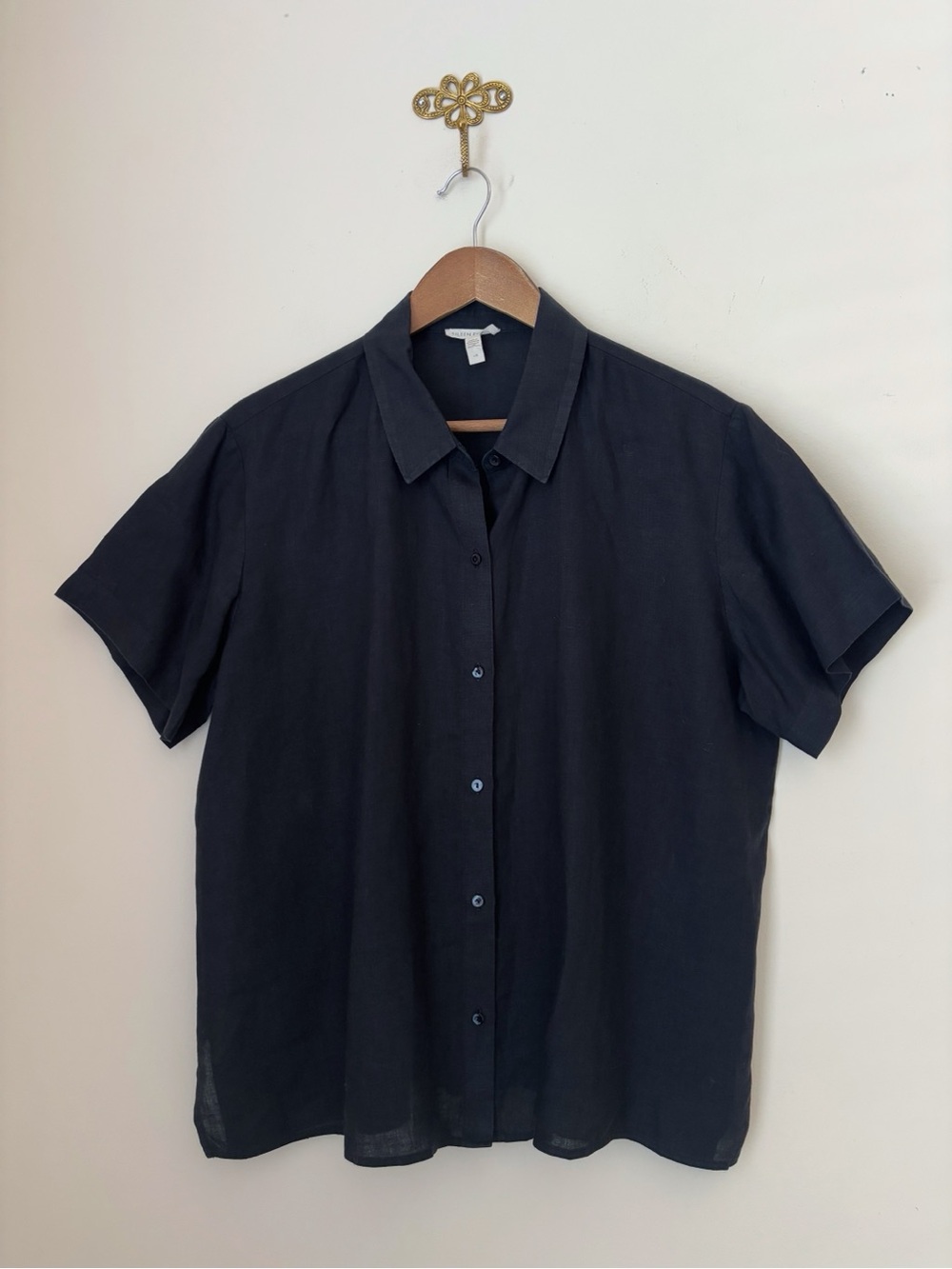 Eileen Fisher Black Organic Linen Short Sleeve Shirt Large